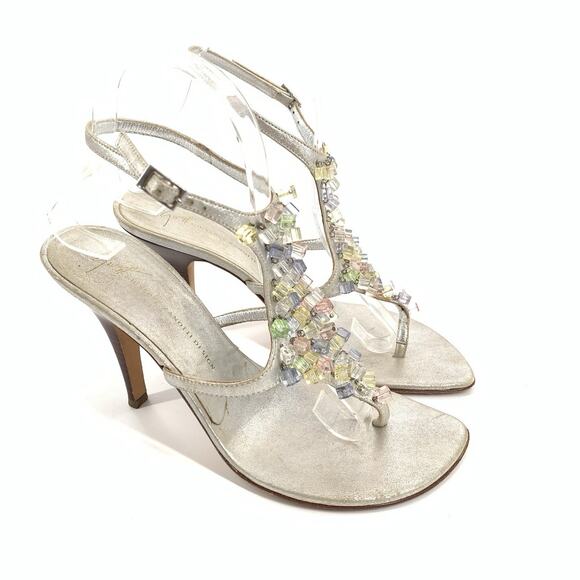 Giuseppe Zanotti Vicini Beaded Open Toe High Stiletto Sandals 9.5 Silver Pastel